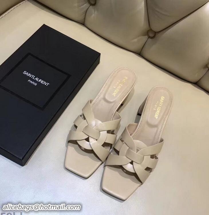 AAAAA Discount Saint Laurent Slide Heel Sandal In Leather With Intertwining Straps Y80602 Apricot