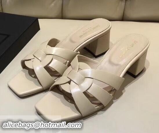 AAAAA Discount Saint Laurent Slide Heel Sandal In Leather With Intertwining Straps Y80602 Apricot