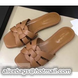 Cheapest Saint Laurent Slide Sandal In Leather With Intertwining Straps Y80603 Camel