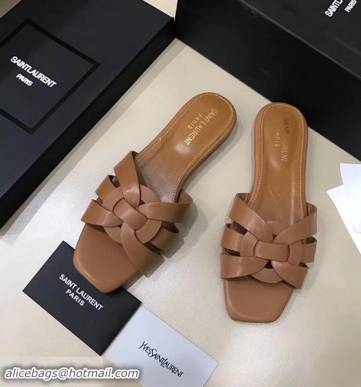 Cheapest Saint Laurent Slide Sandal In Leather With Intertwining Straps Y80603 Camel