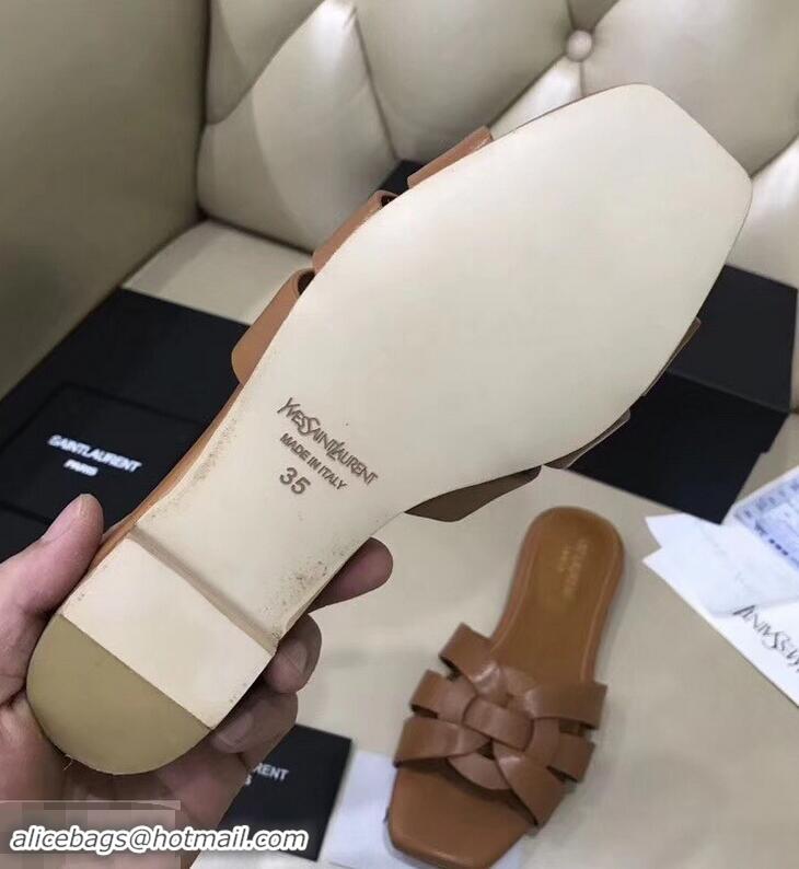 Cheapest Saint Laurent Slide Sandal In Leather With Intertwining Straps Y80603 Camel