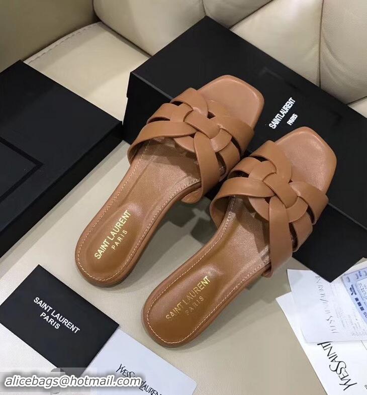 Cheapest Saint Laurent Slide Sandal In Leather With Intertwining Straps Y80603 Camel