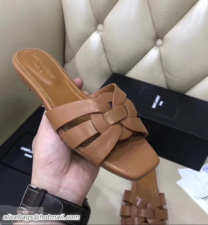 Cheapest Saint Laurent Slide Sandal In Leather With Intertwining Straps Y80603 Camel