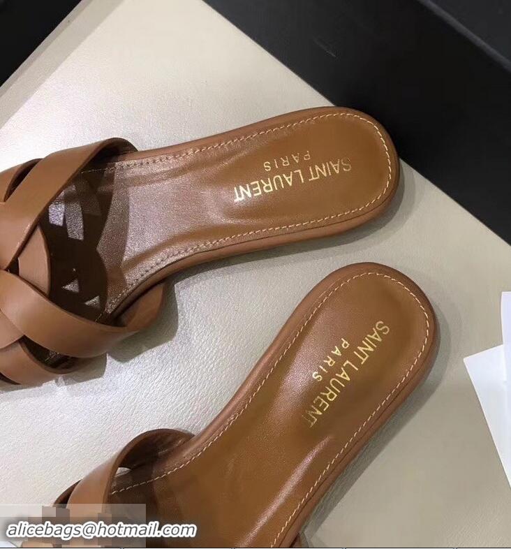 Cheapest Saint Laurent Slide Sandal In Leather With Intertwining Straps Y80603 Camel