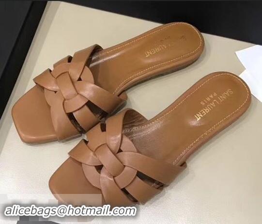 Cheapest Saint Laurent Slide Sandal In Leather With Intertwining Straps Y80603 Camel