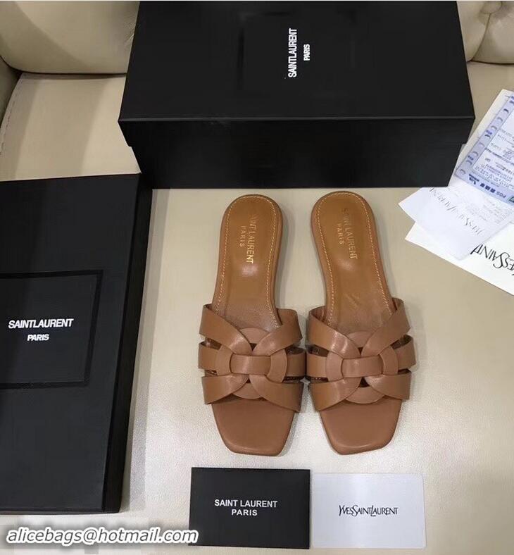 Cheapest Saint Laurent Slide Sandal In Leather With Intertwining Straps Y80603 Camel