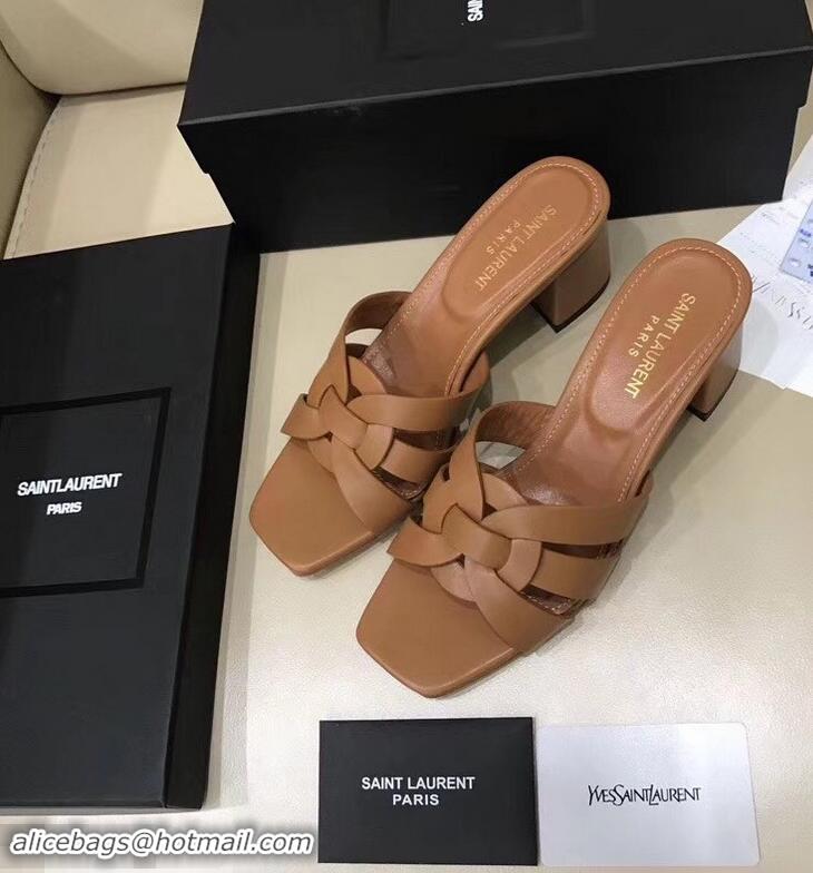 Hot Sell Saint Laurent Slide Heel Sandal In Leather With Intertwining Straps Y83604 Camel