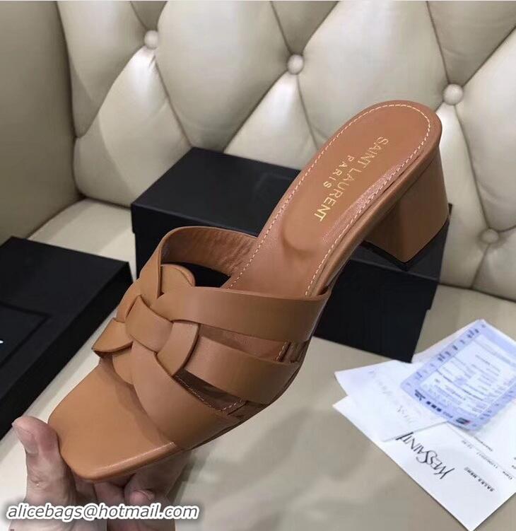 Hot Sell Saint Laurent Slide Heel Sandal In Leather With Intertwining Straps Y83604 Camel