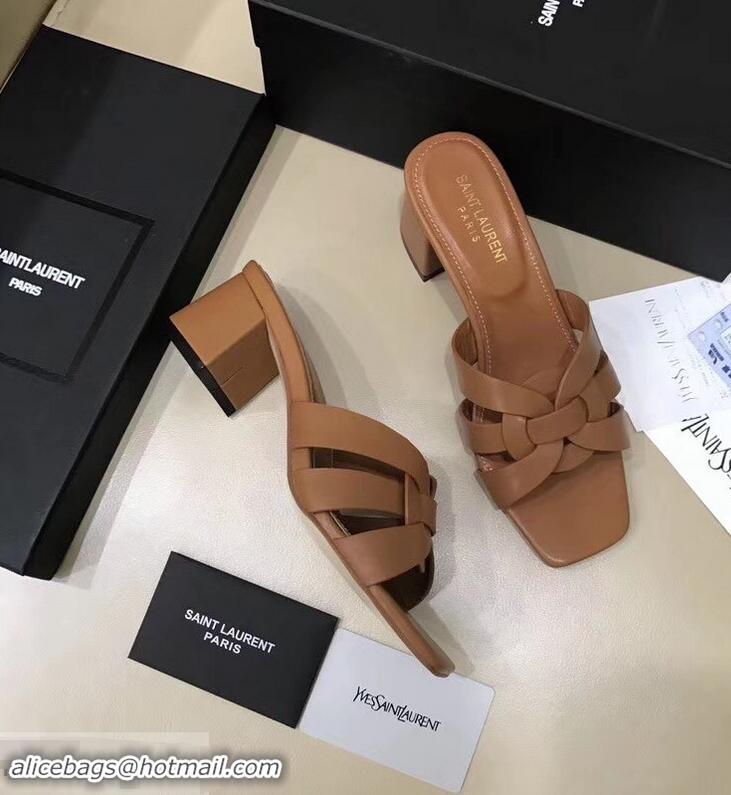 Hot Sell Saint Laurent Slide Heel Sandal In Leather With Intertwining Straps Y83604 Camel