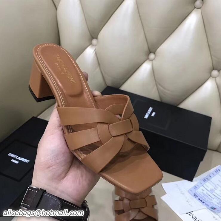 Hot Sell Saint Laurent Slide Heel Sandal In Leather With Intertwining Straps Y83604 Camel