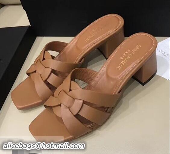 Hot Sell Saint Laurent Slide Heel Sandal In Leather With Intertwining Straps Y83604 Camel