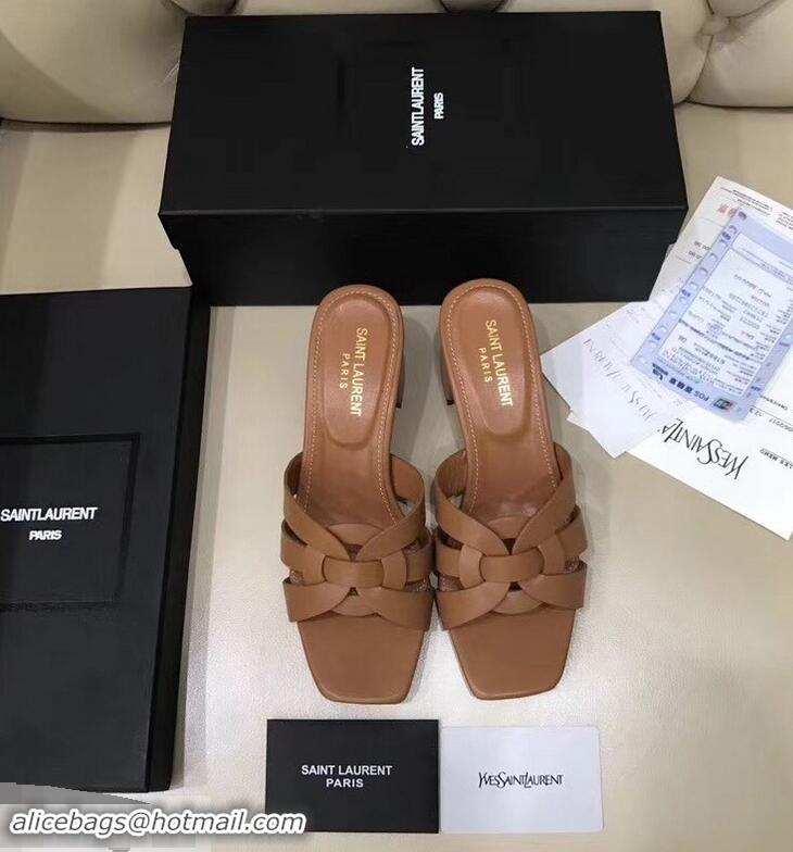 Hot Sell Saint Laurent Slide Heel Sandal In Leather With Intertwining Straps Y83604 Camel