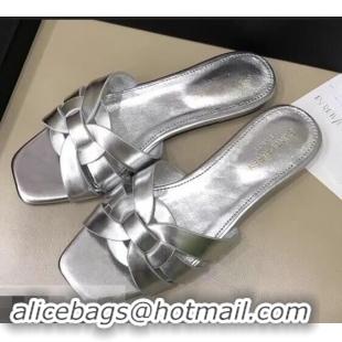 Buy Fake Saint Laurent Slide Sandal In Leather With Intertwining Straps Y83605 Silver