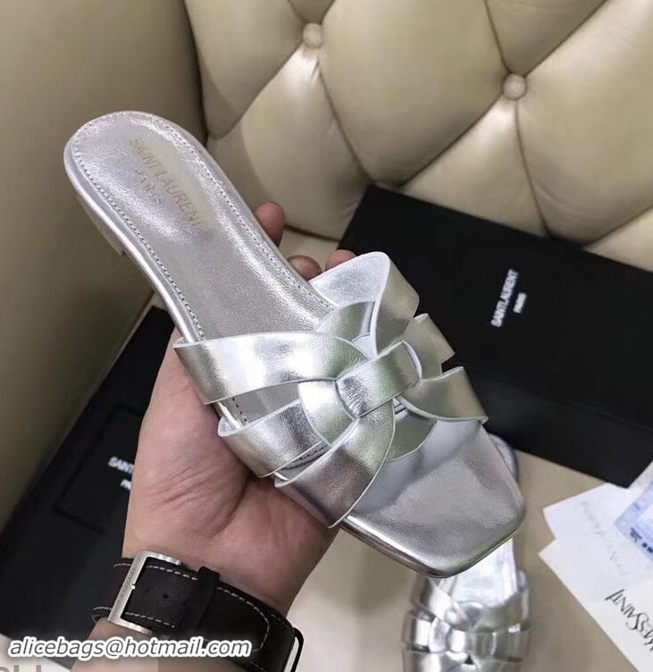 Buy Fake Saint Laurent Slide Sandal In Leather With Intertwining Straps Y83605 Silver