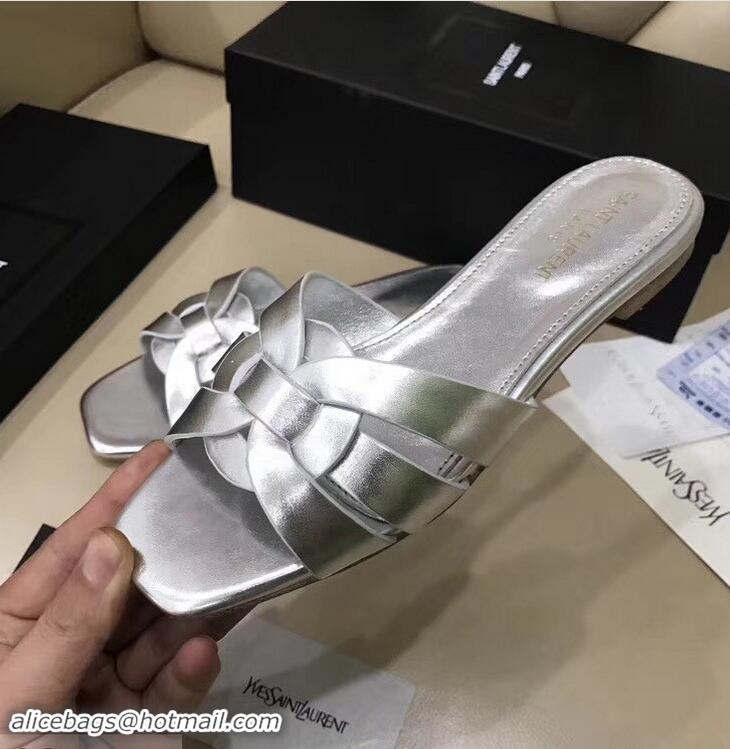 Buy Fake Saint Laurent Slide Sandal In Leather With Intertwining Straps Y83605 Silver