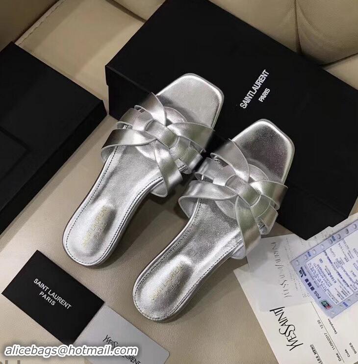 Buy Fake Saint Laurent Slide Sandal In Leather With Intertwining Straps Y83605 Silver