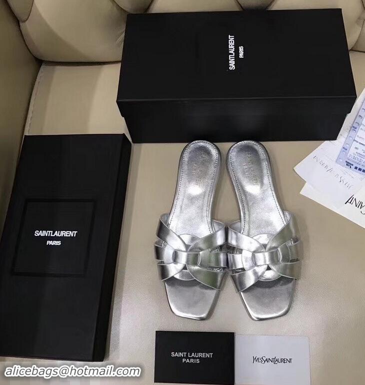 Buy Fake Saint Laurent Slide Sandal In Leather With Intertwining Straps Y83605 Silver