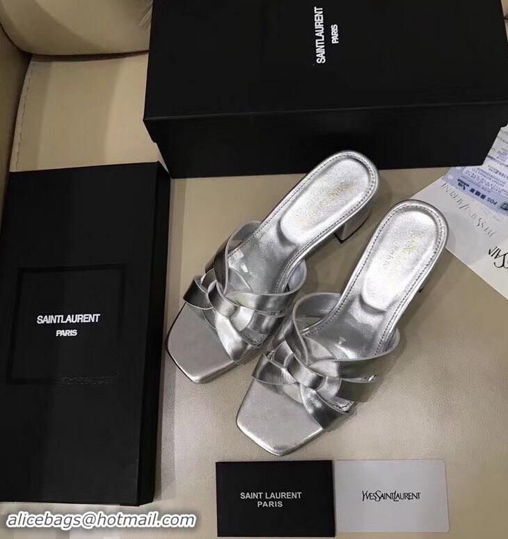 Imitation Saint Laurent Heel Slide Sandal In Leather With Intertwining Straps Y83606 Silver