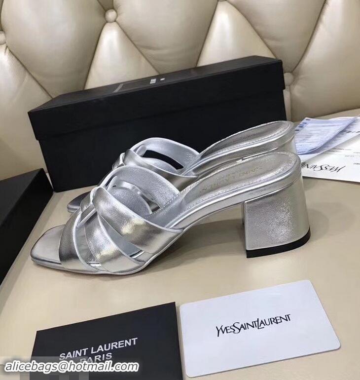 Imitation Saint Laurent Heel Slide Sandal In Leather With Intertwining Straps Y83606 Silver