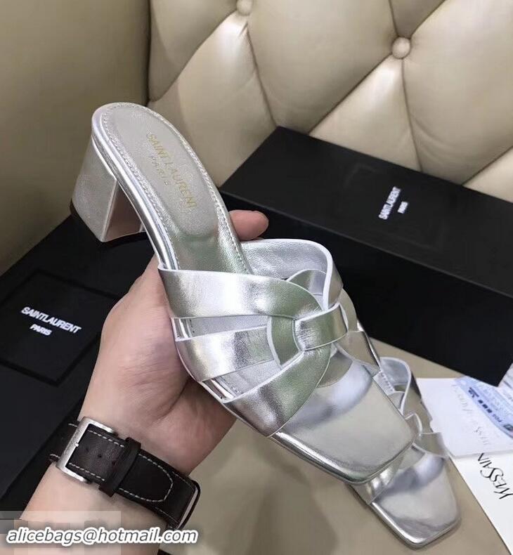 Imitation Saint Laurent Heel Slide Sandal In Leather With Intertwining Straps Y83606 Silver