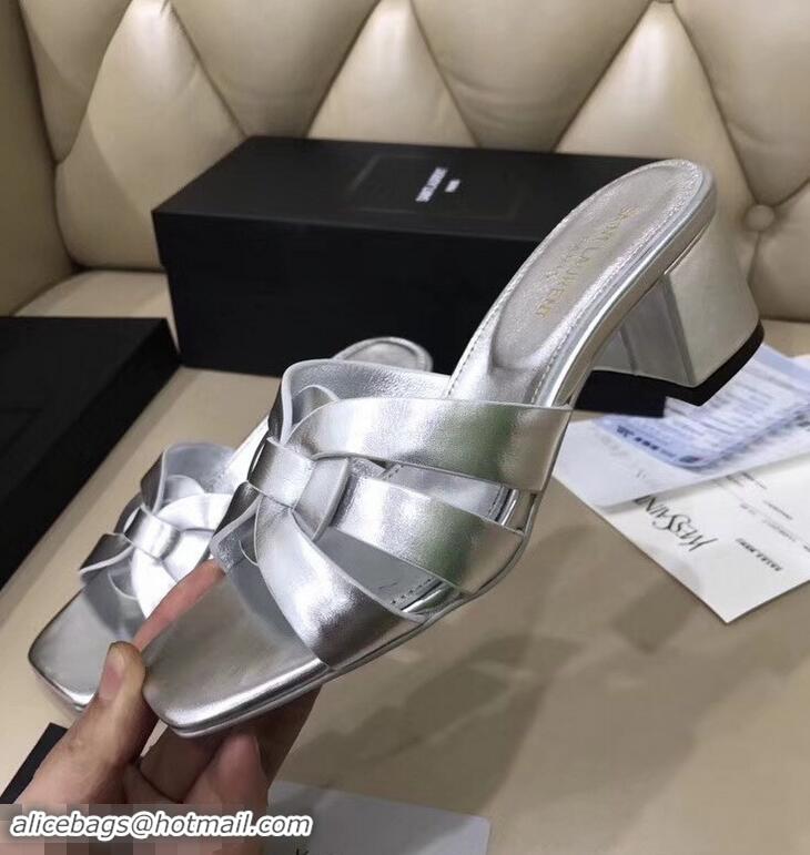 Imitation Saint Laurent Heel Slide Sandal In Leather With Intertwining Straps Y83606 Silver