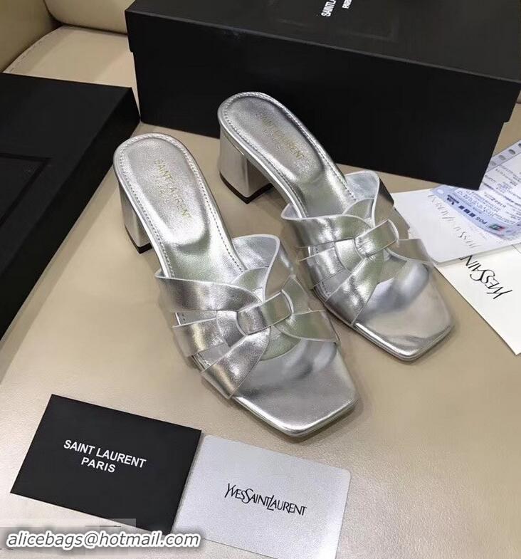 Imitation Saint Laurent Heel Slide Sandal In Leather With Intertwining Straps Y83606 Silver