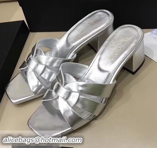 Imitation Saint Laurent Heel Slide Sandal In Leather With Intertwining Straps Y83606 Silver