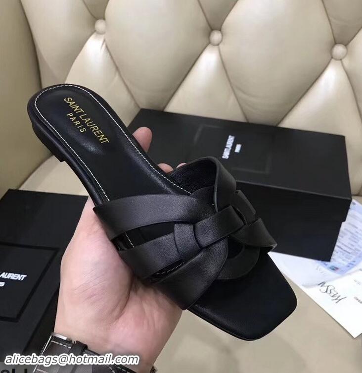 Inexpensive Saint Laurent Slide Sandal In Leather With Intertwining Straps Y83607 Black