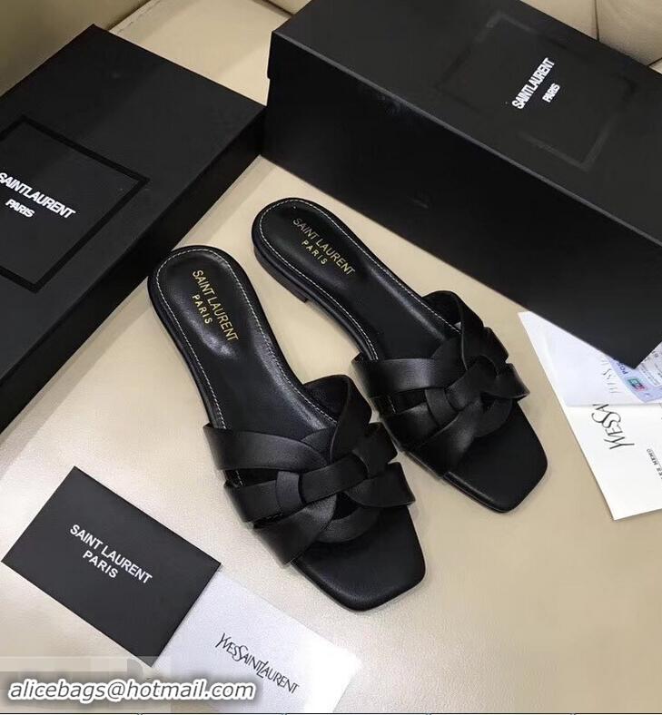 Inexpensive Saint Laurent Slide Sandal In Leather With Intertwining Straps Y83607 Black