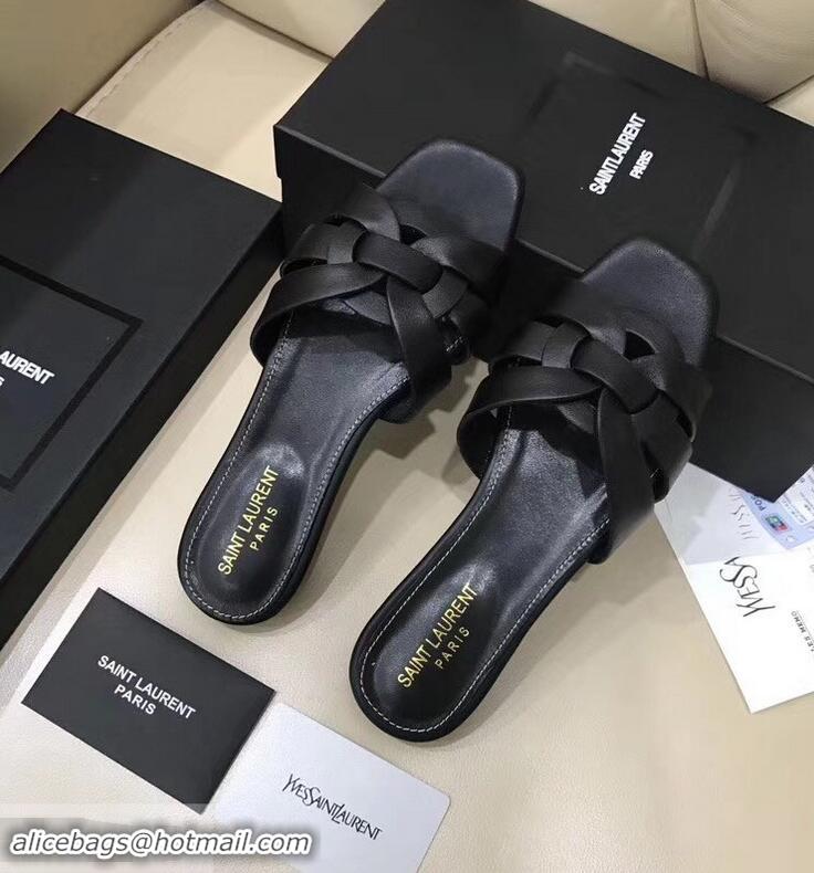 Inexpensive Saint Laurent Slide Sandal In Leather With Intertwining Straps Y83607 Black