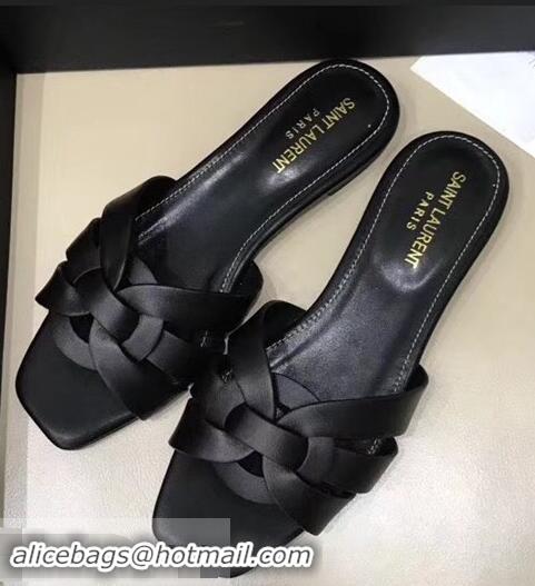 Inexpensive Saint Laurent Slide Sandal In Leather With Intertwining Straps Y83607 Black