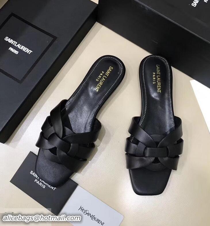 Inexpensive Saint Laurent Slide Sandal In Leather With Intertwining Straps Y83607 Black