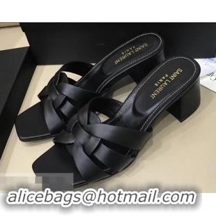 Cheapest Saint Laurent Slide Heel Sandal In Leather With Intertwining Straps Y83608 Black