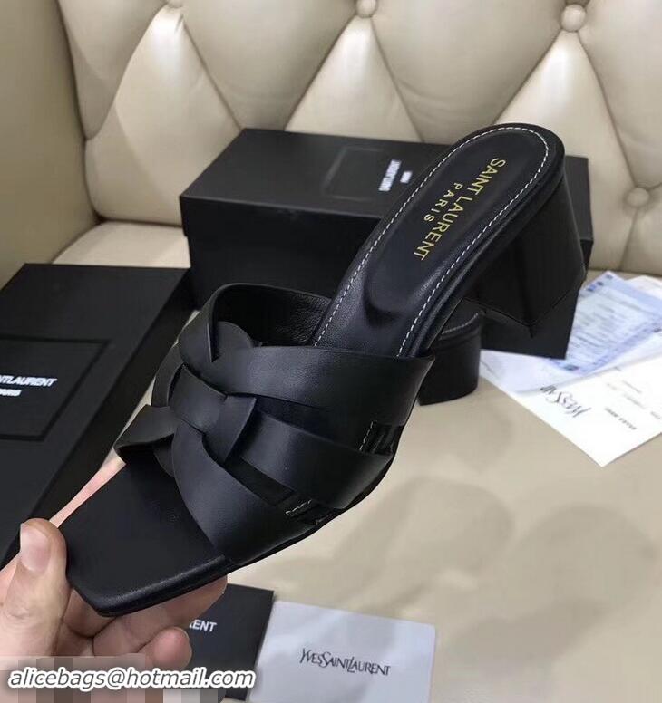 Cheapest Saint Laurent Slide Heel Sandal In Leather With Intertwining Straps Y83608 Black