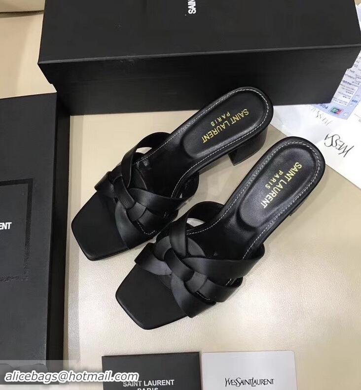 Cheapest Saint Laurent Slide Heel Sandal In Leather With Intertwining Straps Y83608 Black