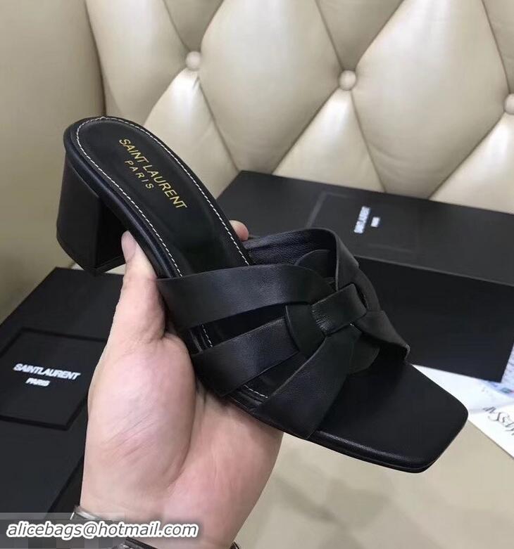 Cheapest Saint Laurent Slide Heel Sandal In Leather With Intertwining Straps Y83608 Black