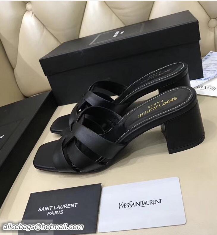 Cheapest Saint Laurent Slide Heel Sandal In Leather With Intertwining Straps Y83608 Black