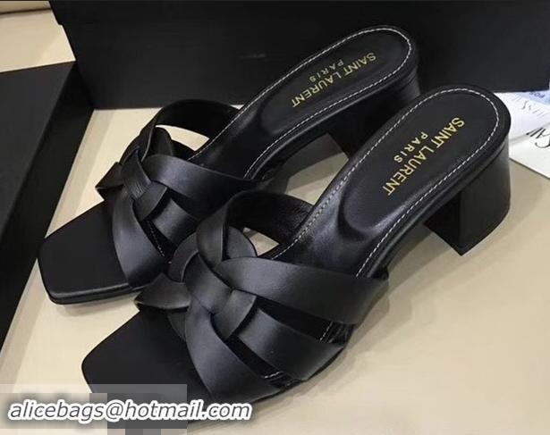 Cheapest Saint Laurent Slide Heel Sandal In Leather With Intertwining Straps Y83608 Black