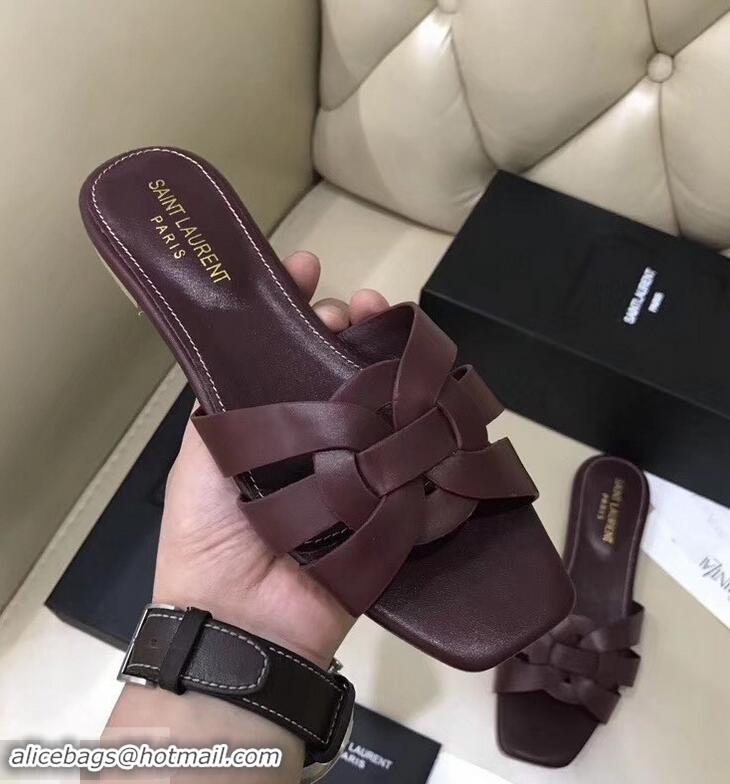 Stylish Saint Laurent Slide Sandal In Leather With Intertwining Straps Y83611 Burgundy