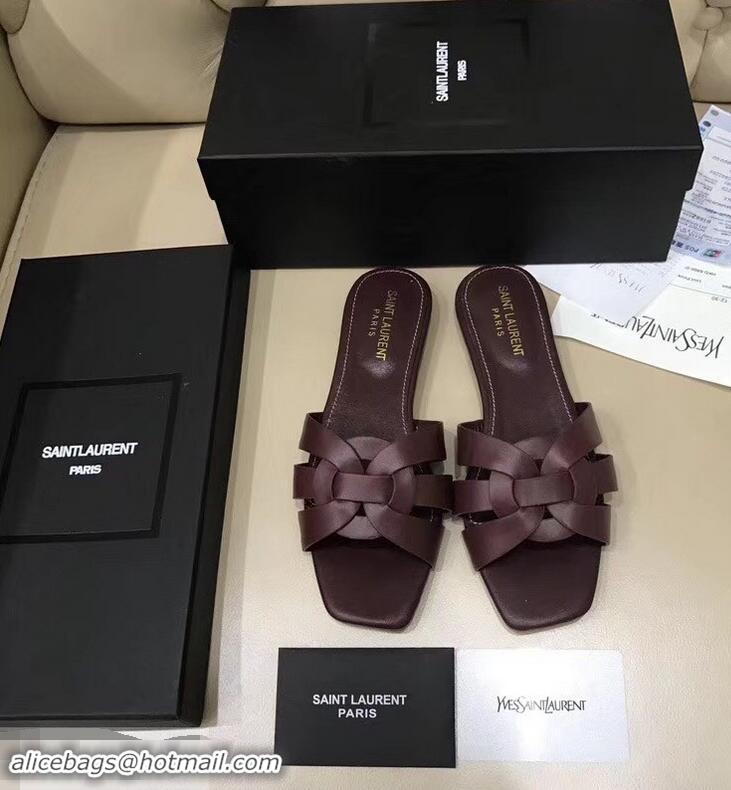 Stylish Saint Laurent Slide Sandal In Leather With Intertwining Straps Y83611 Burgundy