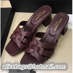 Hot Style Saint Laurent Heel Slide Sandal In Leather With Intertwining Straps Y83612 Burgundy