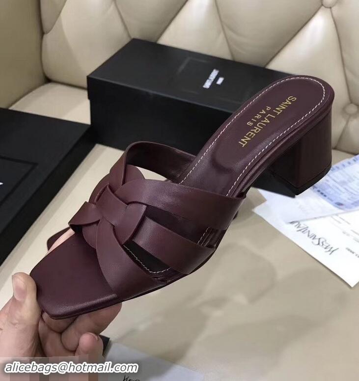 Hot Style Saint Laurent Heel Slide Sandal In Leather With Intertwining Straps Y83612 Burgundy