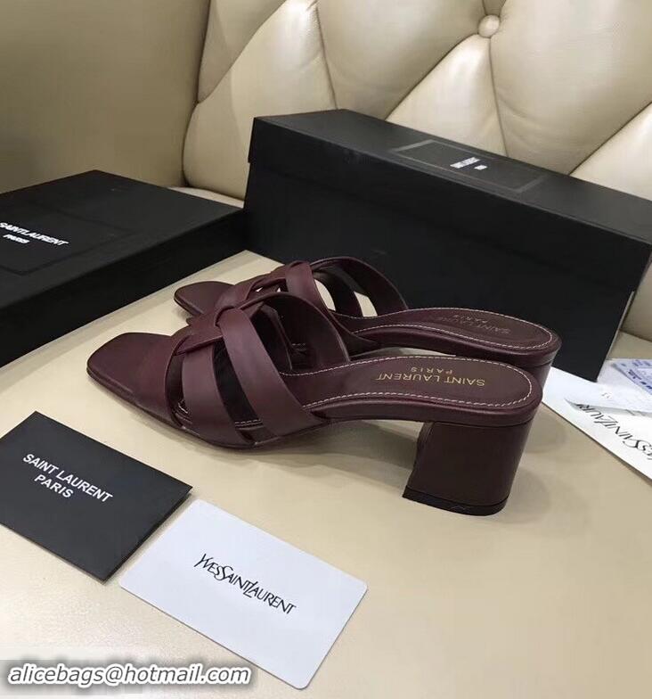 Hot Style Saint Laurent Heel Slide Sandal In Leather With Intertwining Straps Y83612 Burgundy