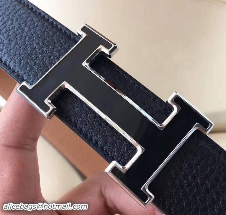 Crafted hermes 3.5cm black grained leather belt with black buckle 619014