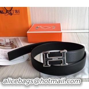 Good Quality hermes 3.8cm black grained leather belt with black buckle 619015