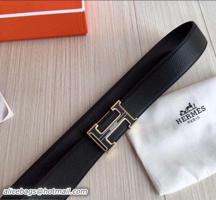 Good Quality hermes 3.8cm black grained leather belt with black buckle 619015