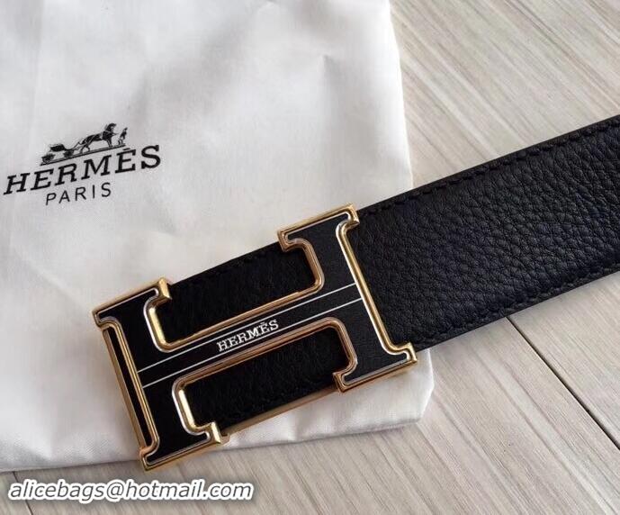 Good Quality hermes 3.8cm black grained leather belt with black buckle 619015