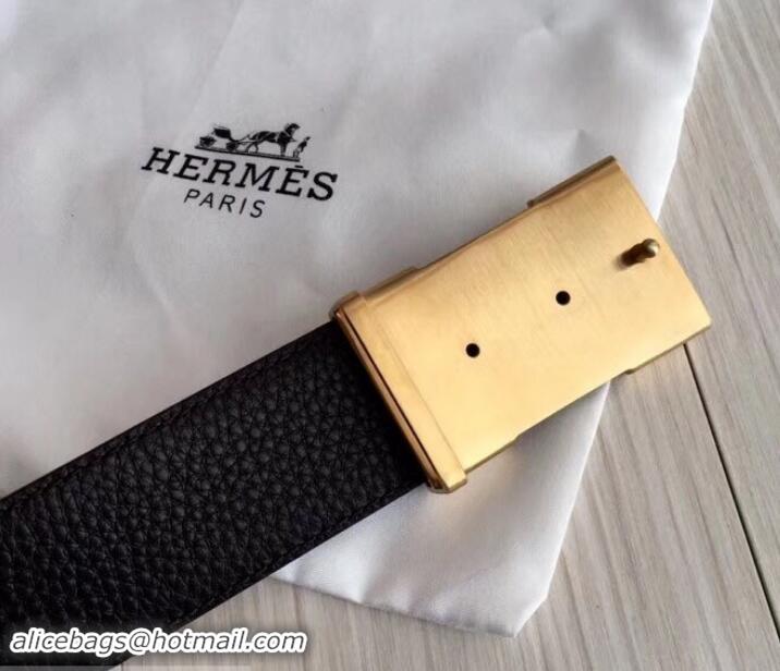 Good Quality hermes 3.8cm black grained leather belt with black buckle 619015