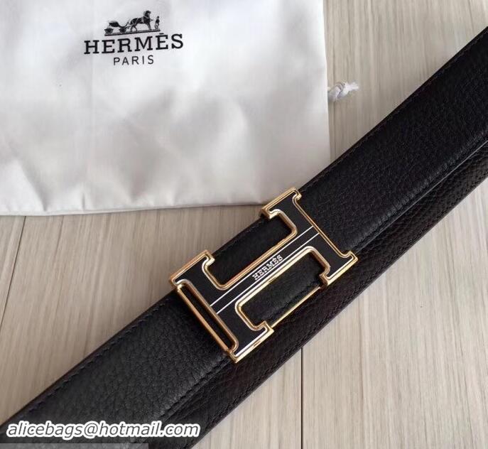 Good Quality hermes 3.8cm black grained leather belt with black buckle 619015