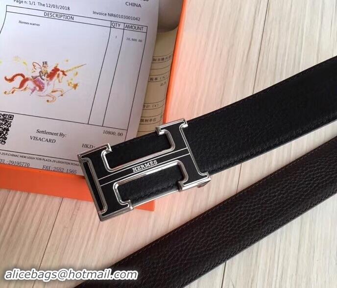 Good Quality hermes 3.8cm black grained leather belt with black buckle 619015